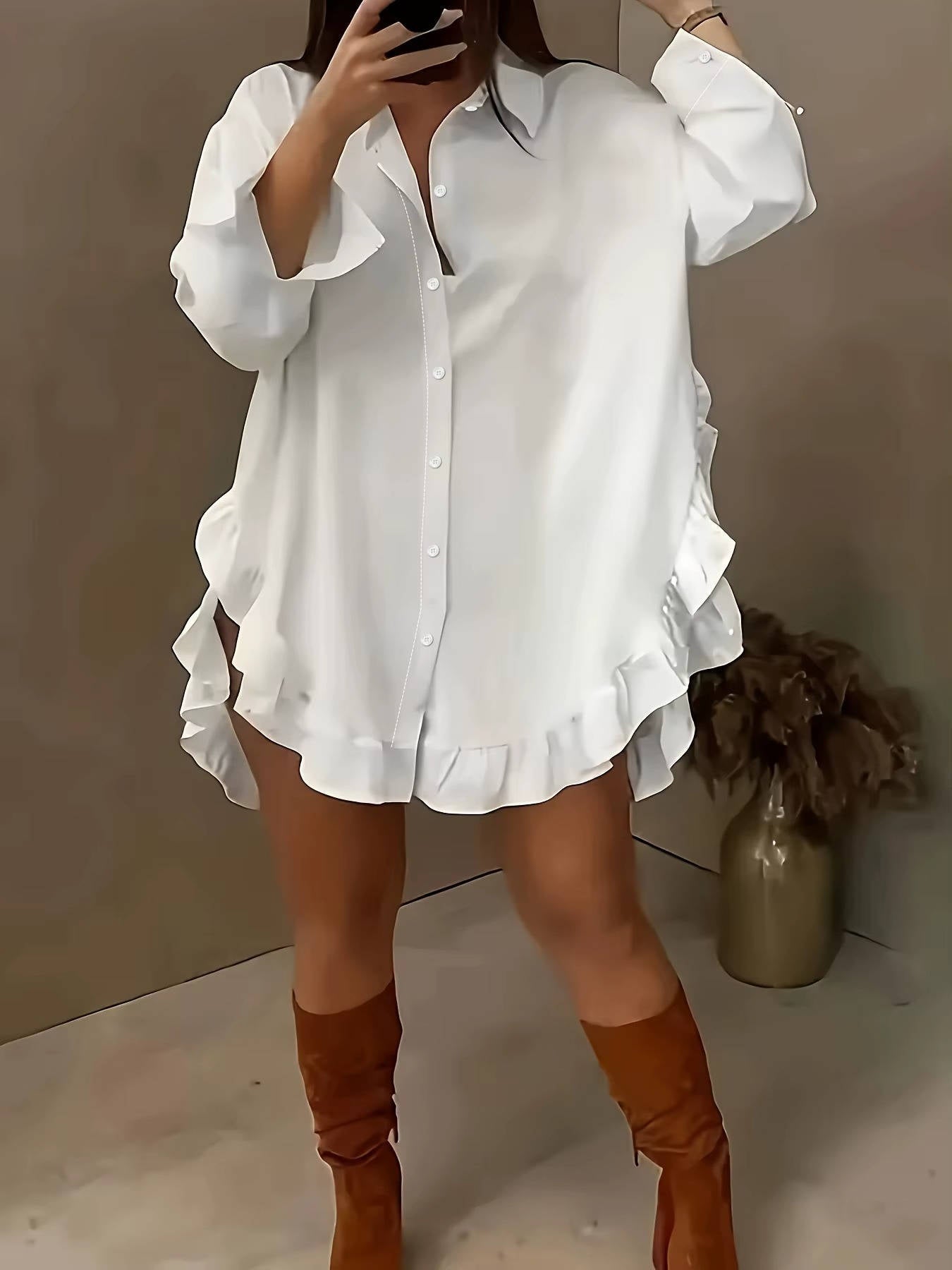 Marisia — Breathable Fabric Button Front Blouse With Relaxed Oversized Ruffle Summer Style White
