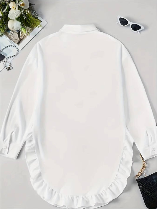 Marisia — Breathable Fabric Button Front Blouse With Relaxed Oversized Ruffle Summer Style