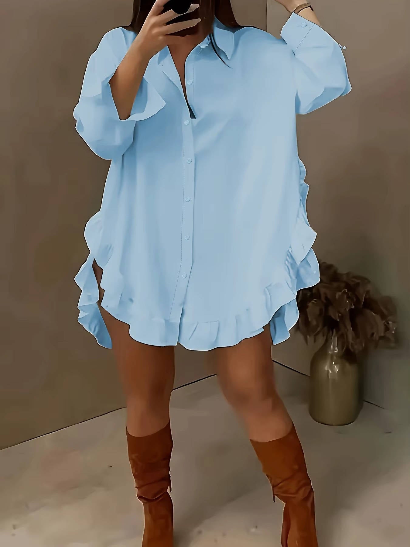 Marisia — Breathable Fabric Button Front Blouse With Relaxed Oversized Ruffle Summer Style Light Blue