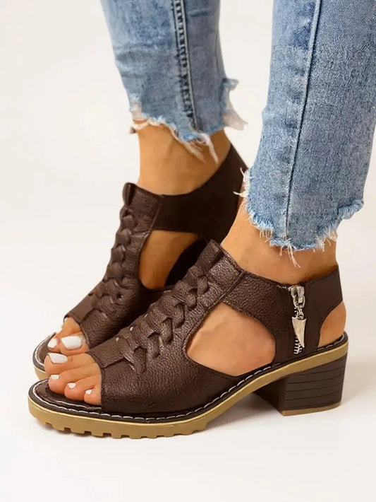 Breezy — Breathable Leather Block Heel Sandals With Elegant Cushioned Zip-Up Design Brown