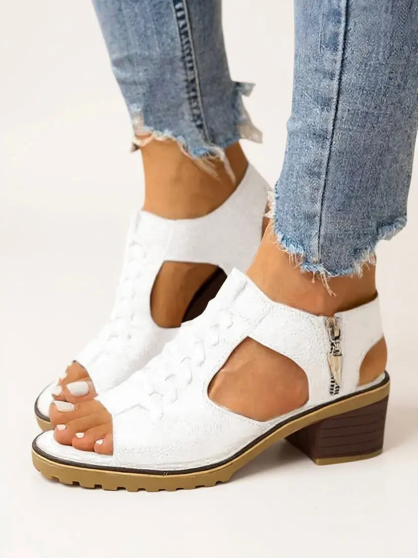 Breezy — Breathable Leather Block Heel Sandals With Elegant Cushioned Zip-Up Design White