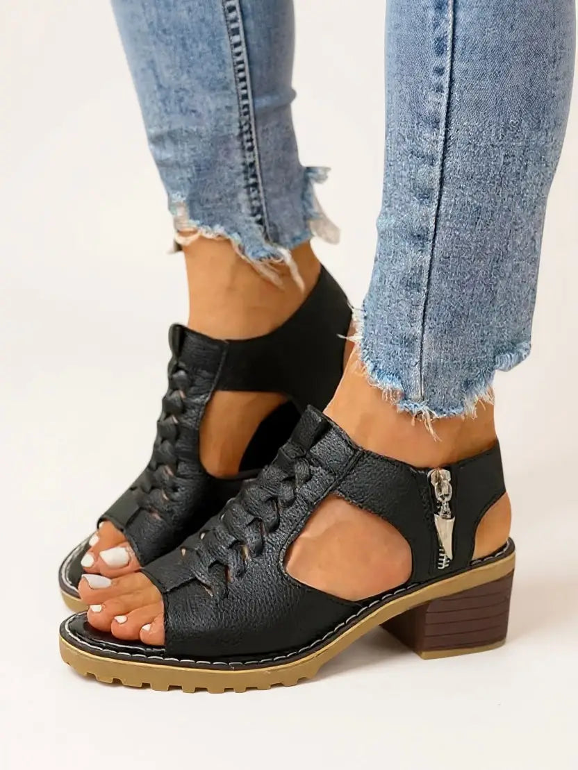 Breezy — Breathable Leather Block Heel Sandals With Elegant Cushioned Zip-Up Design Black