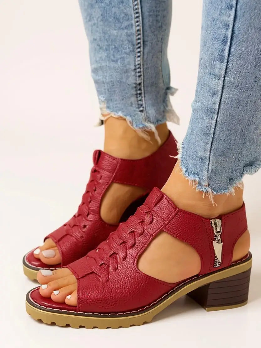 Breezy — Breathable Leather Block Heel Sandals With Elegant Cushioned Zip-Up Design Red