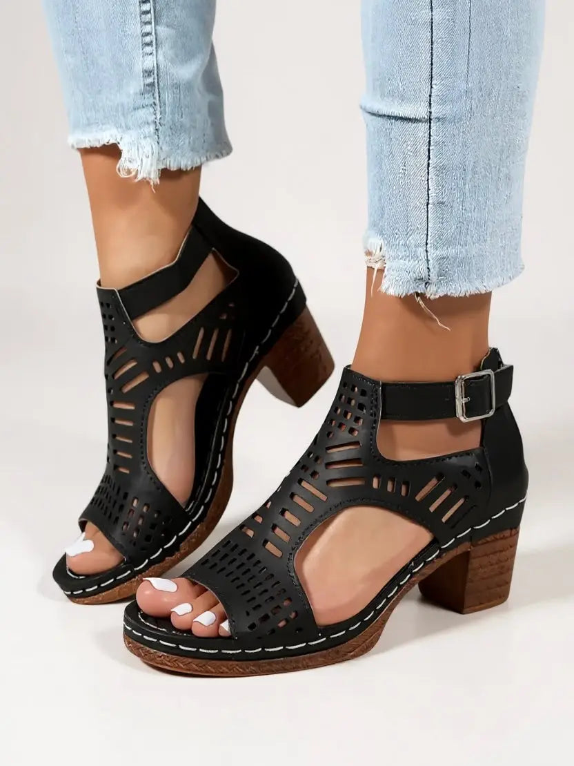 Cutaway — Breathable Leather Block Heel Sandals With Elegant Cutout Summer Design Black