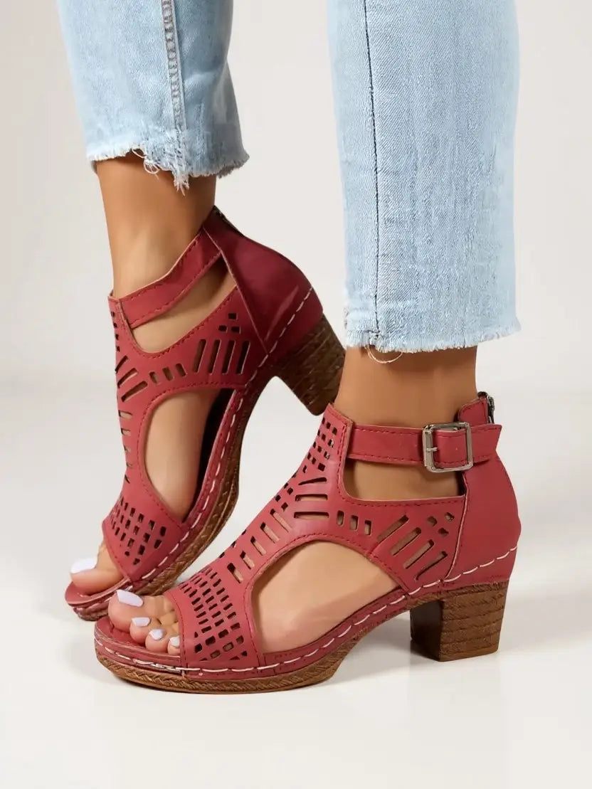 Cutaway — Breathable Leather Block Heel Sandals With Elegant Cutout Summer Design Burgundy