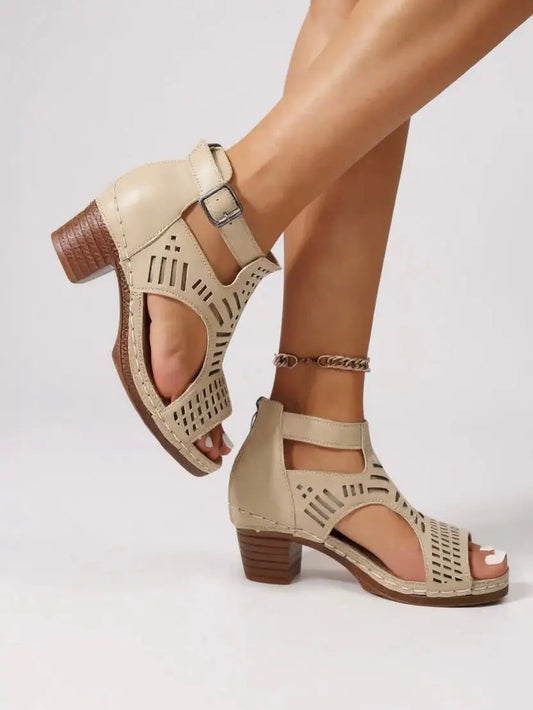 Cutaway — Breathable Leather Block Heel Sandals With Elegant Cutout Summer Design