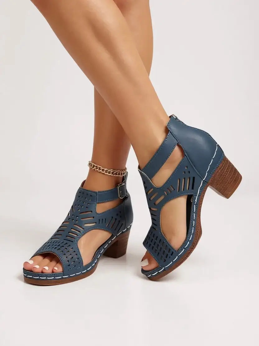 Cutaway — Breathable Leather Block Heel Sandals With Elegant Cutout Summer Design Navy Blue