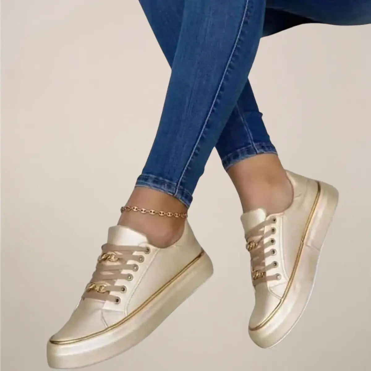 Goldaccent — Casual Fabric Sneakers With Stylish Low-Top White Gold Accent Design Gold