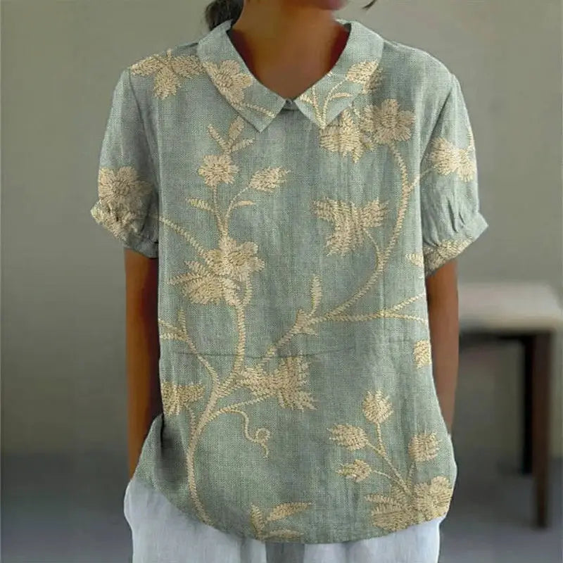 Florizel — Cotton-Polyester Blend Blouse With Stylish Floral Short Sleeve Summer Style Green