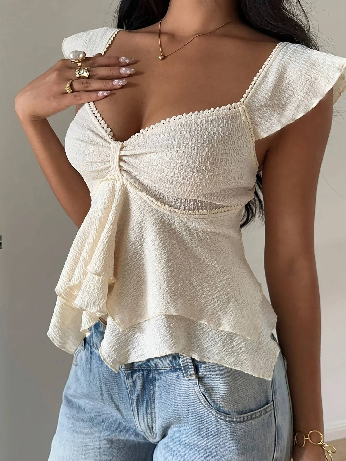 Marlowe — Cotton Blend Smocked Tank Top With Flutter Sleeve Sweetheart Going Out Style Apricot