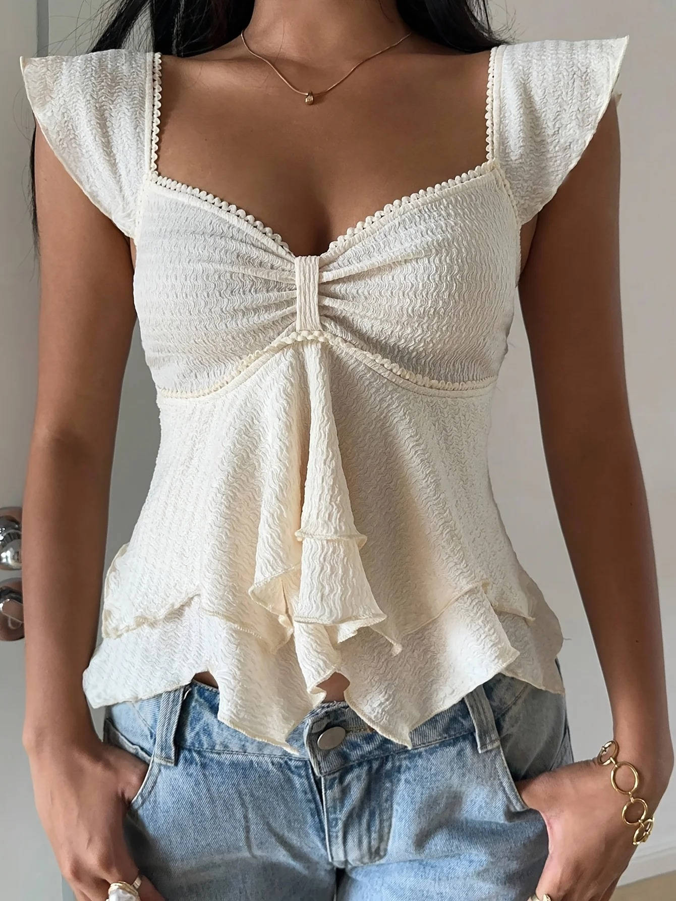 Marlowe — Cotton Blend Smocked Tank Top With Flutter Sleeve Sweetheart Going Out Style