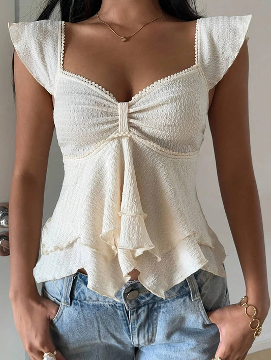 Marlowe — Cotton Blend Smocked Tank Top With Flutter Sleeve Sweetheart Going Out Style