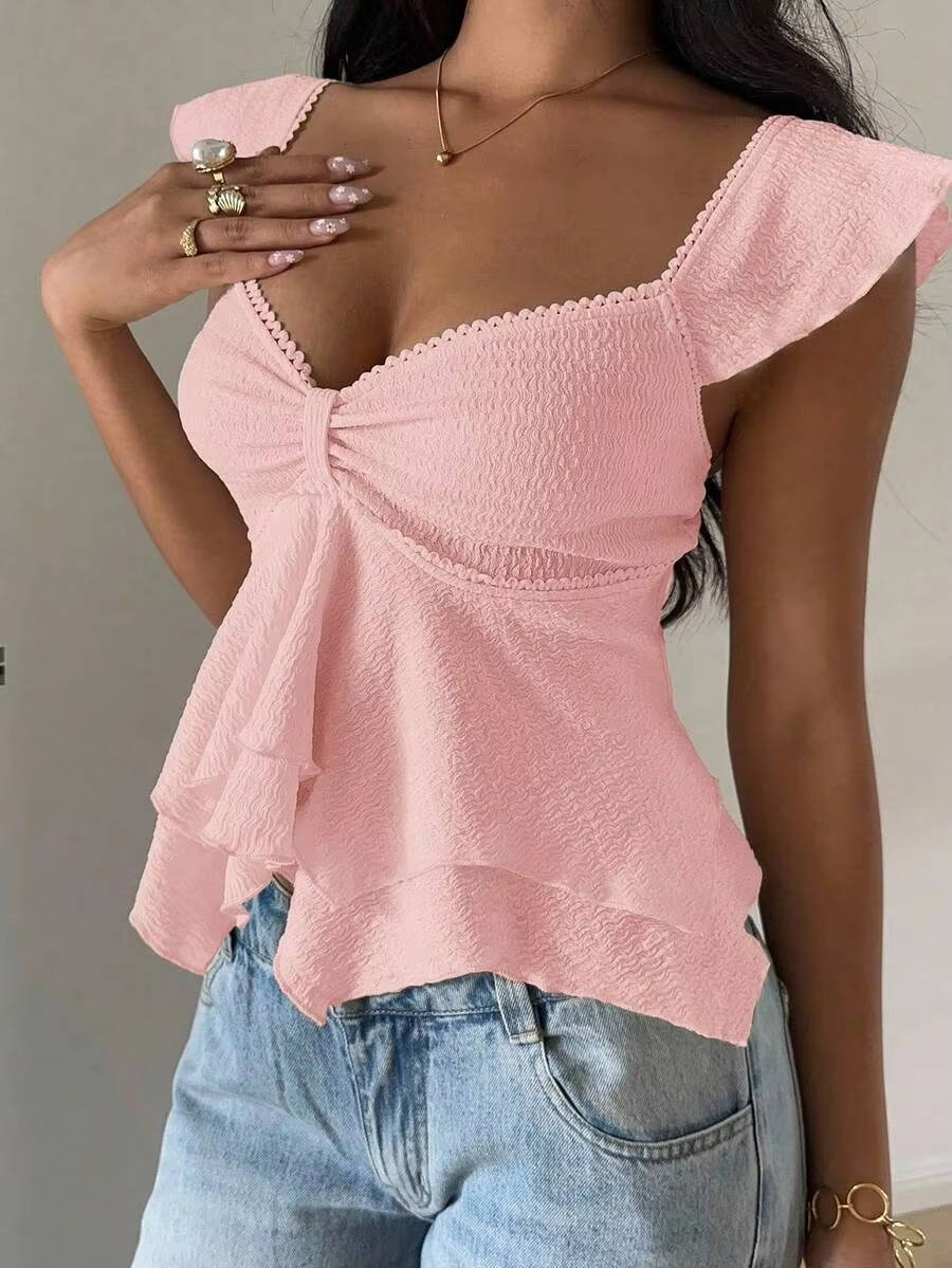 Marlowe — Cotton Blend Smocked Tank Top With Flutter Sleeve Sweetheart Going Out Style Pink