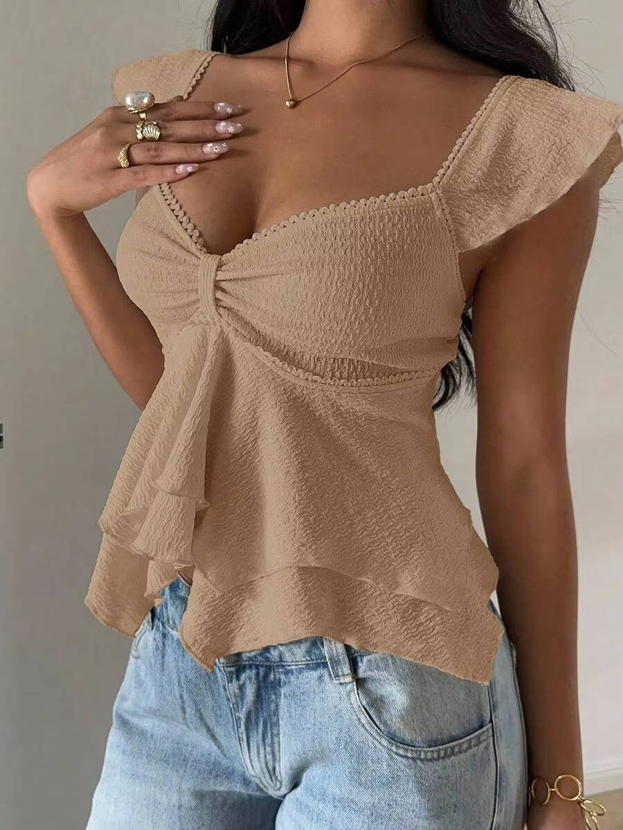 Marlowe — Cotton Blend Smocked Tank Top With Flutter Sleeve Sweetheart Going Out Style Khaki