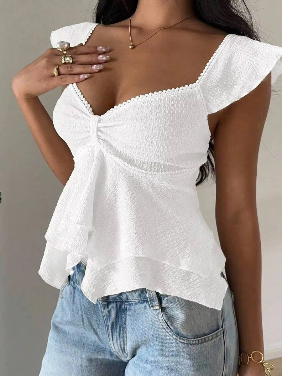 Marlowe — Cotton Blend Smocked Tank Top With Flutter Sleeve Sweetheart Going Out Style White