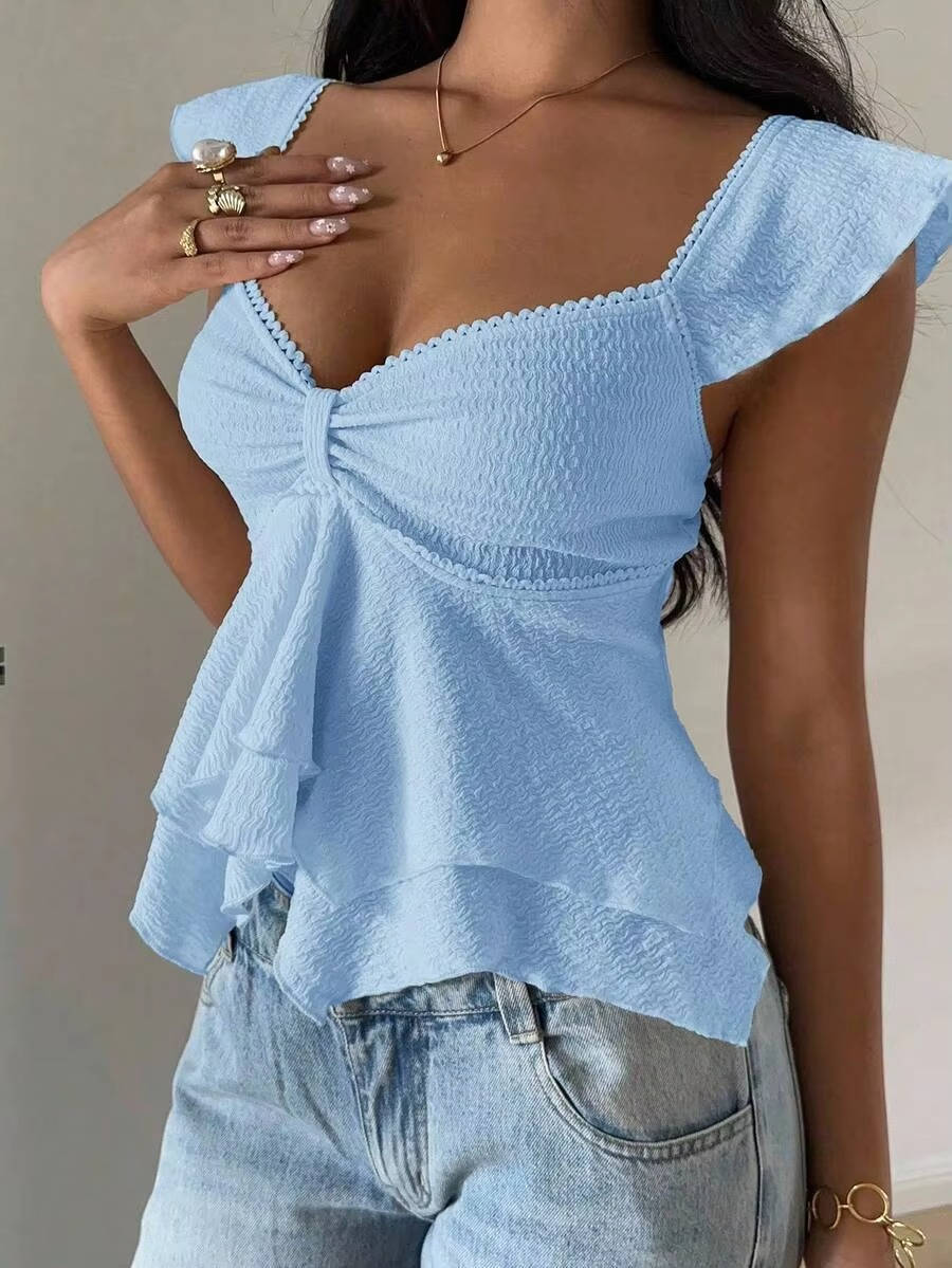 Marlowe — Cotton Blend Smocked Tank Top With Flutter Sleeve Sweetheart Going Out Style Light Blue