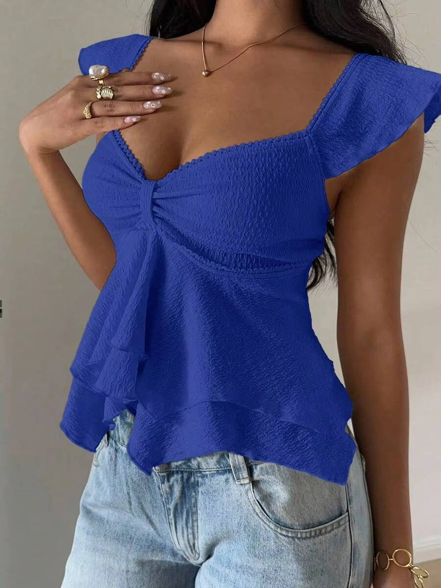 Marlowe — Cotton Blend Smocked Tank Top With Flutter Sleeve Sweetheart Going Out Style Blue