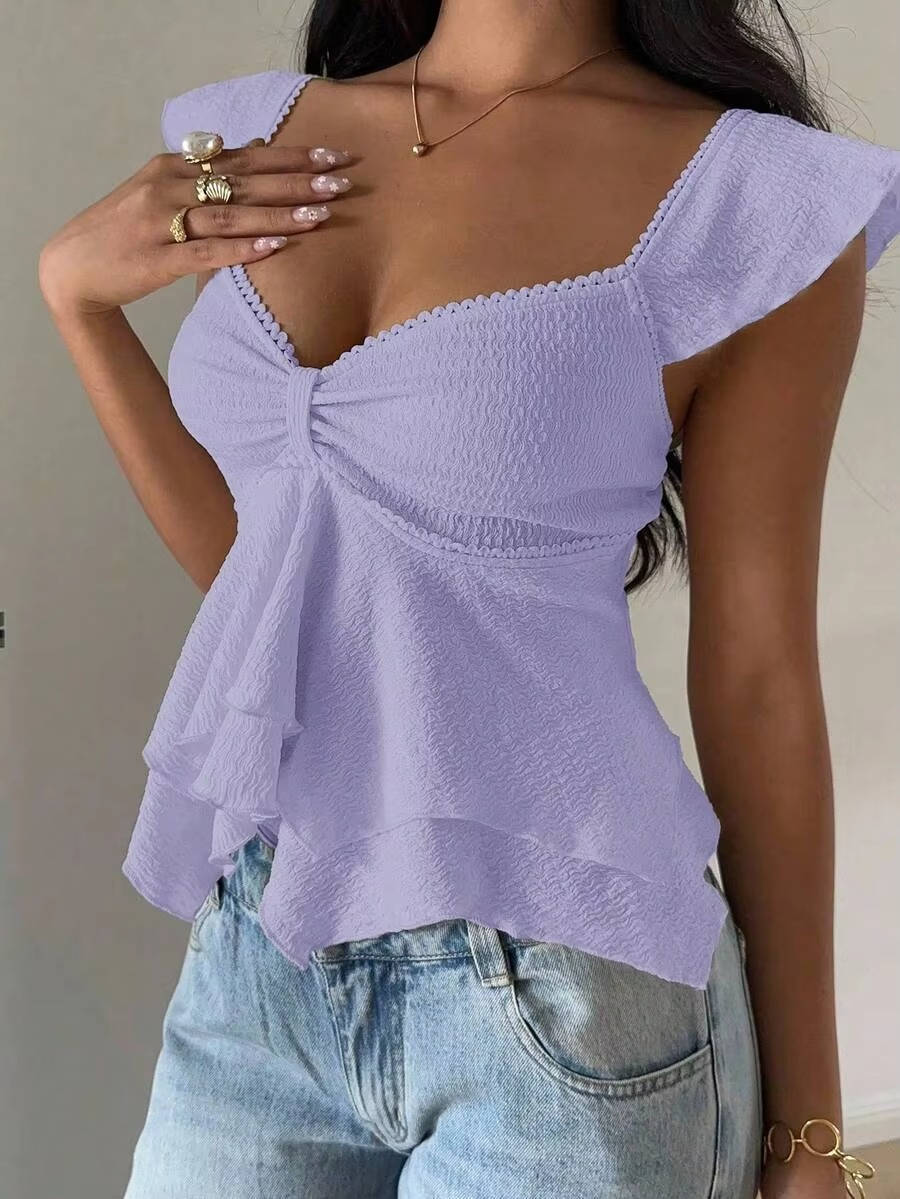 Marlowe — Cotton Blend Smocked Tank Top With Flutter Sleeve Sweetheart Going Out Style Purple