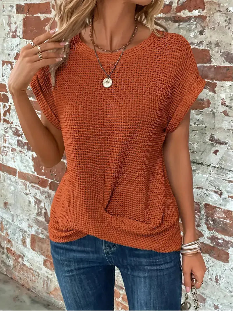 Quincy — Cotton Textured Waffle Knit Tee With Relaxed Fit Casual Style Brown Orange