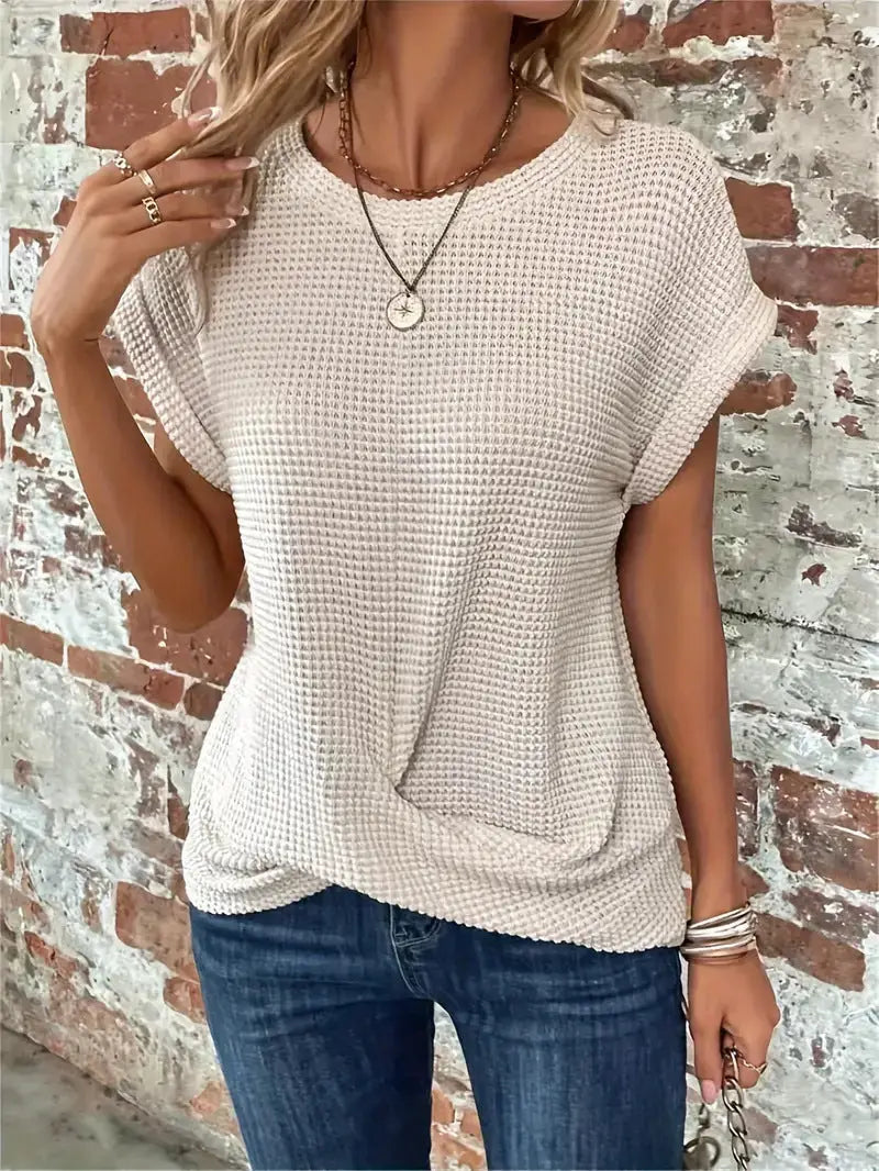 Quincy — Cotton Textured Waffle Knit Tee With Relaxed Fit Casual Style Cream White