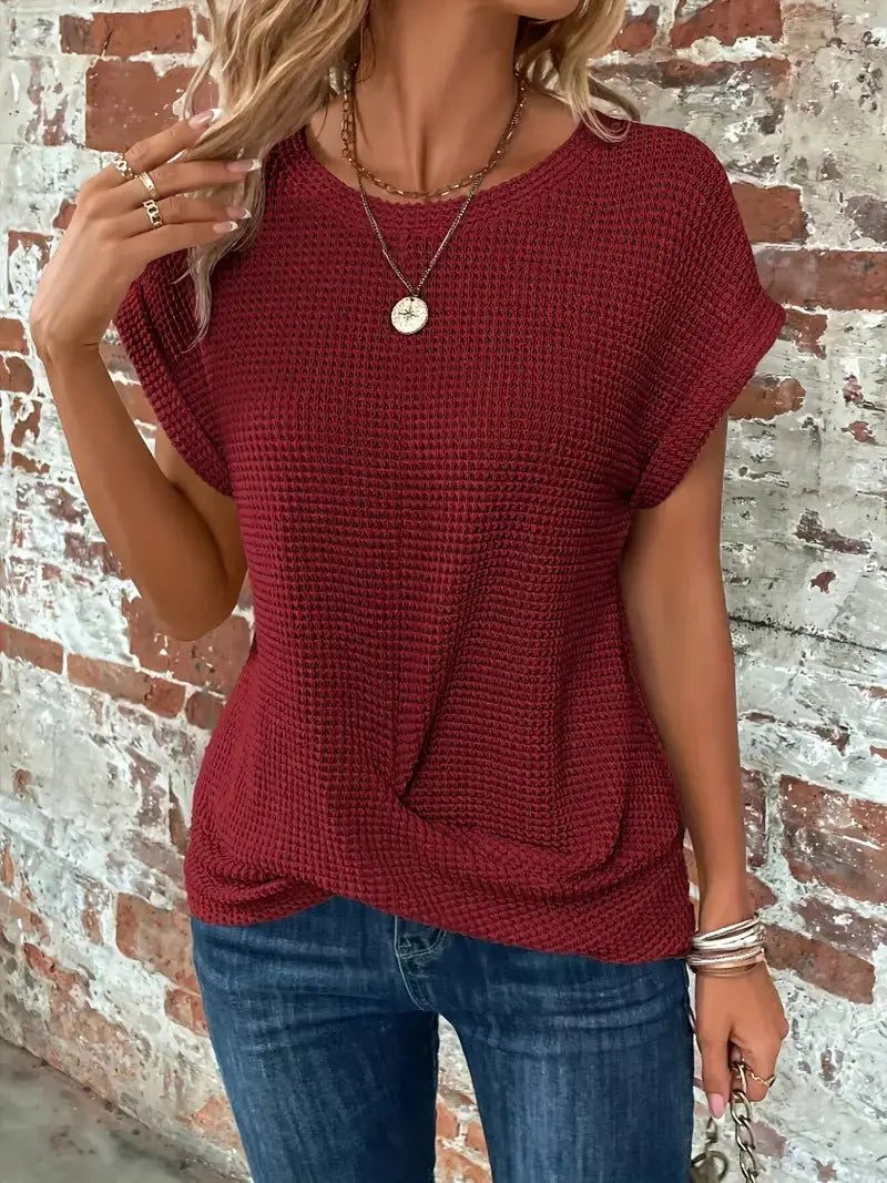 Quincy — Cotton Textured Waffle Knit Tee With Relaxed Fit Casual Style Wine Red