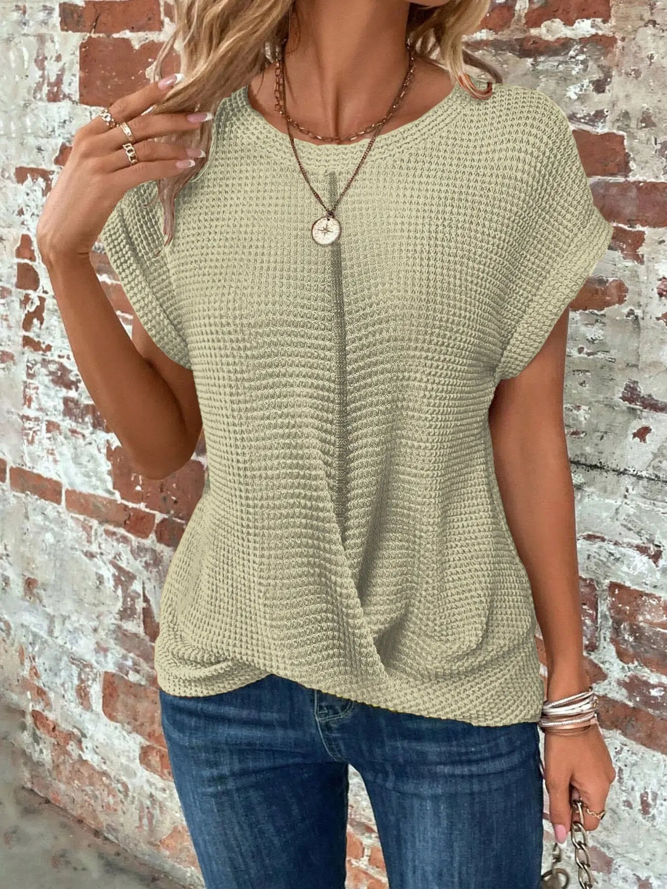 Quincy — Cotton Textured Waffle Knit Tee With Relaxed Fit Casual Style Light Green