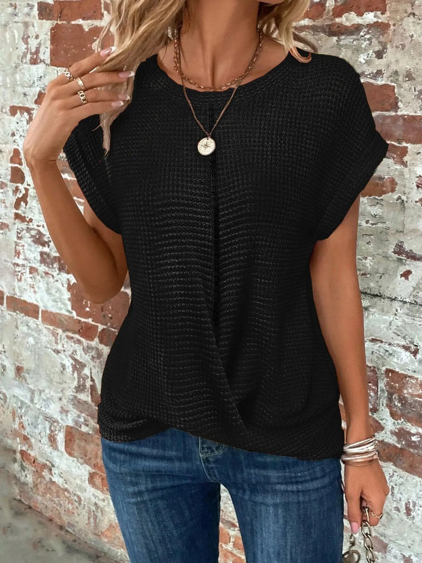 Quincy — Cotton Textured Waffle Knit Tee With Relaxed Fit Casual Style Black