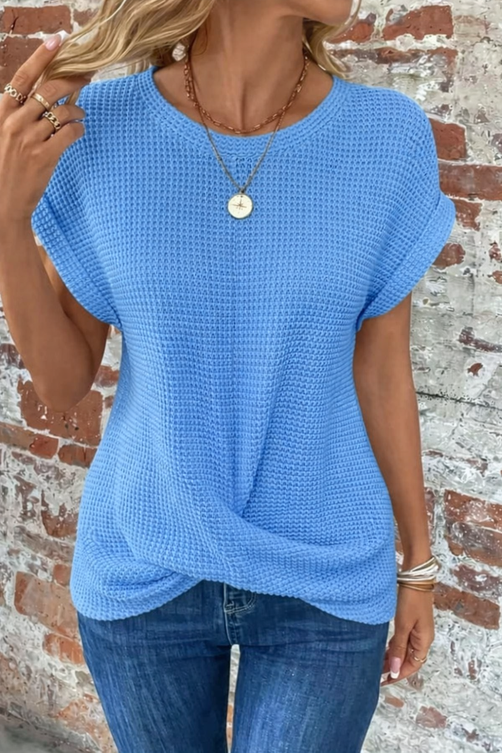 Quincy — Cotton Textured Waffle Knit Tee With Relaxed Fit Casual Style Blue