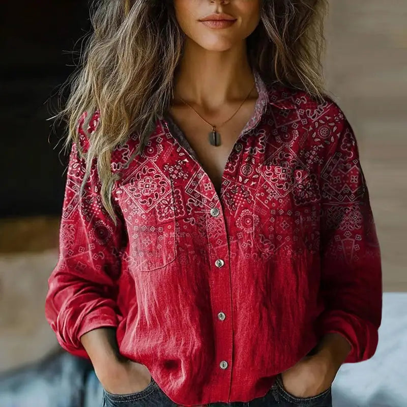 Marina — Cotton Vintage Patterned Blouse With Breezy Relaxed Summer Fit Red