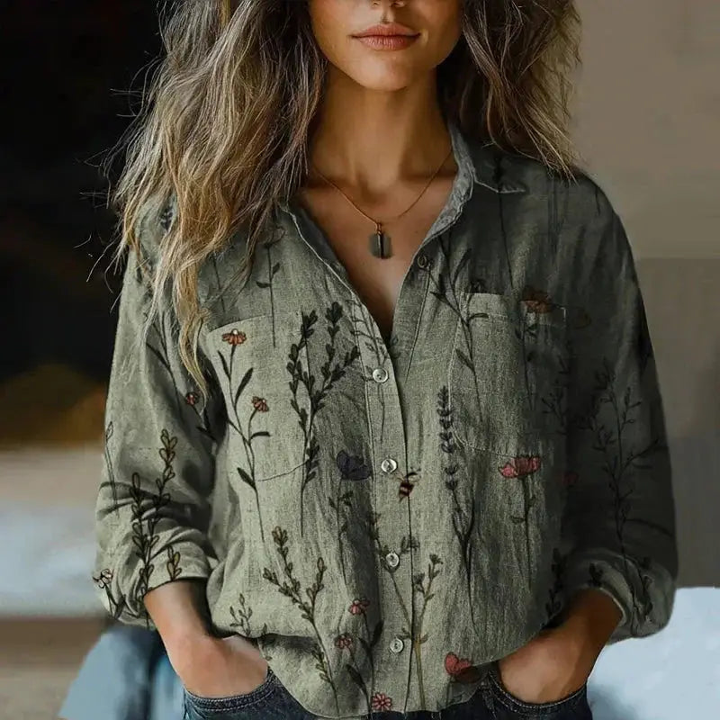 Marina — Cotton Vintage Patterned Blouse With Breezy Relaxed Summer Fit Green