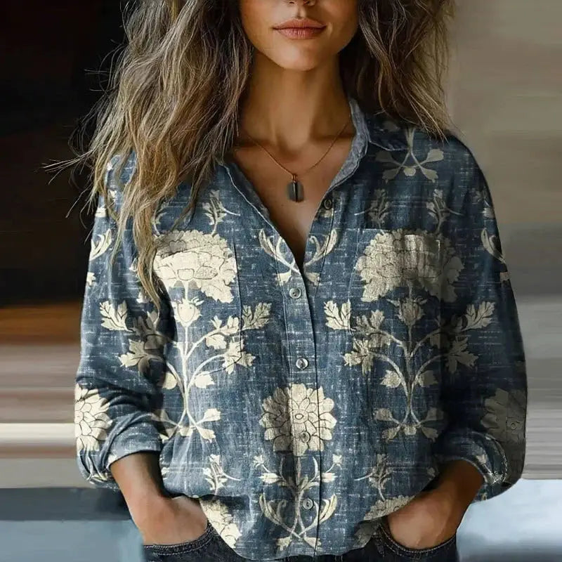 Marina — Cotton Vintage Patterned Blouse With Breezy Relaxed Summer Fit Blue