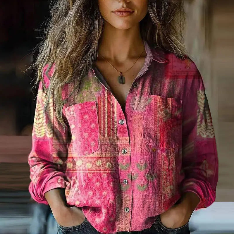 Marina — Cotton Vintage Patterned Blouse With Breezy Relaxed Summer Fit Pink