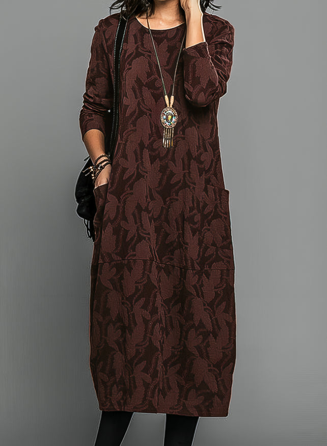 Wynter — Cozy Knit Midi Dress With Relaxed Long Sleeves And Pockets For Winter Burgundy