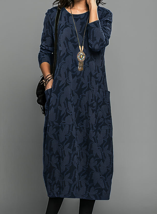Wynter — Cozy Knit Midi Dress With Relaxed Long Sleeves And Pockets For Winter Blue