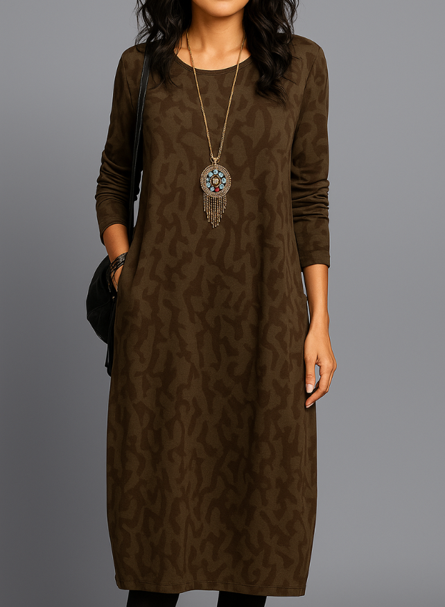 Wynter — Cozy Knit Midi Dress With Relaxed Long Sleeves And Pockets For Winter Brown