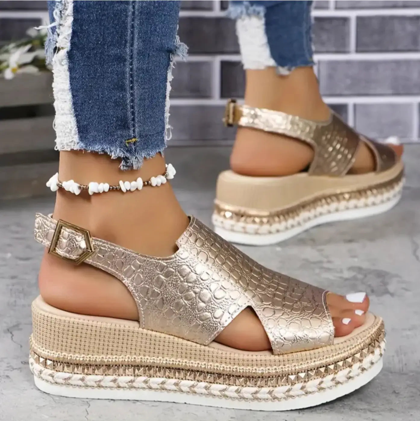 Crocgloss — Crocodile Embossed Sandals With Glossy Wedge Elegant Comfort Design Gold