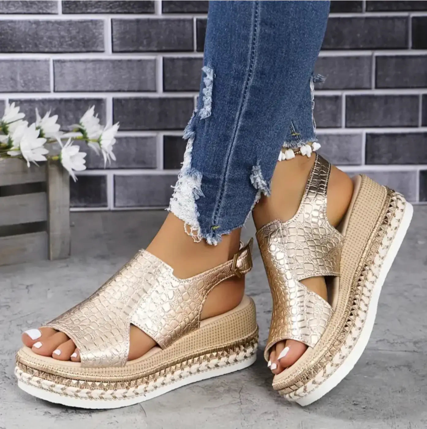 Crocgloss — Crocodile Embossed Sandals With Glossy Wedge Elegant Comfort Design