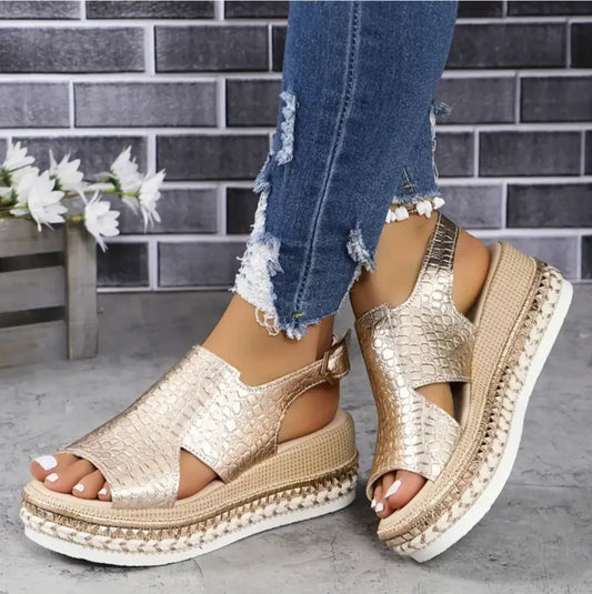 Crocgloss — Crocodile Embossed Sandals With Glossy Wedge Elegant Comfort Design