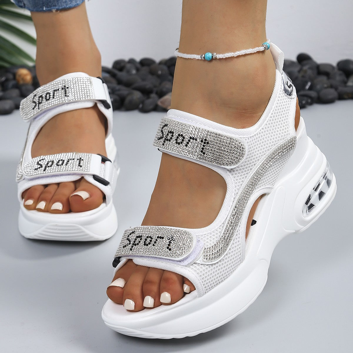 Crystalle — Crystal-Embellished Orthopedic Platform Sandals With Supportive Elegant Design White