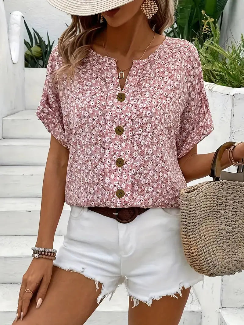 Daphne — Ditsy Floral Print Blouse With Relaxed Puff Sleeve Summer Style Pink