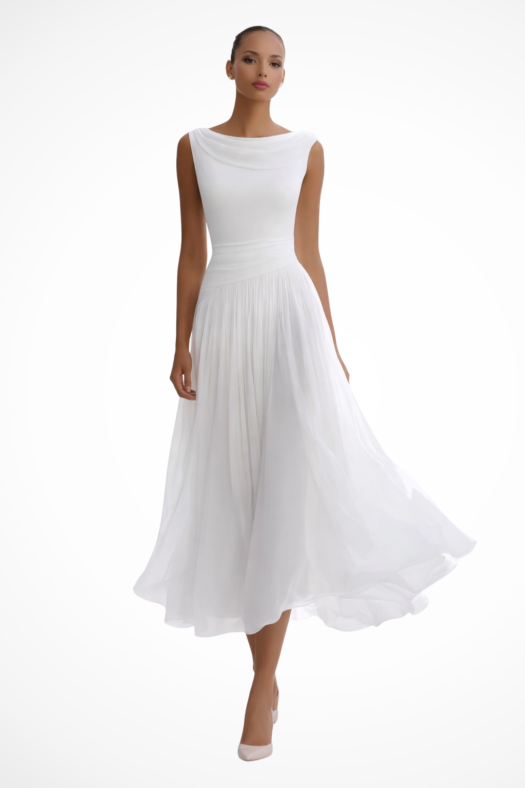 Fittedpleated — Draped Fabric Midi Dress With Fitted Pleated Wedding Guest Design White
