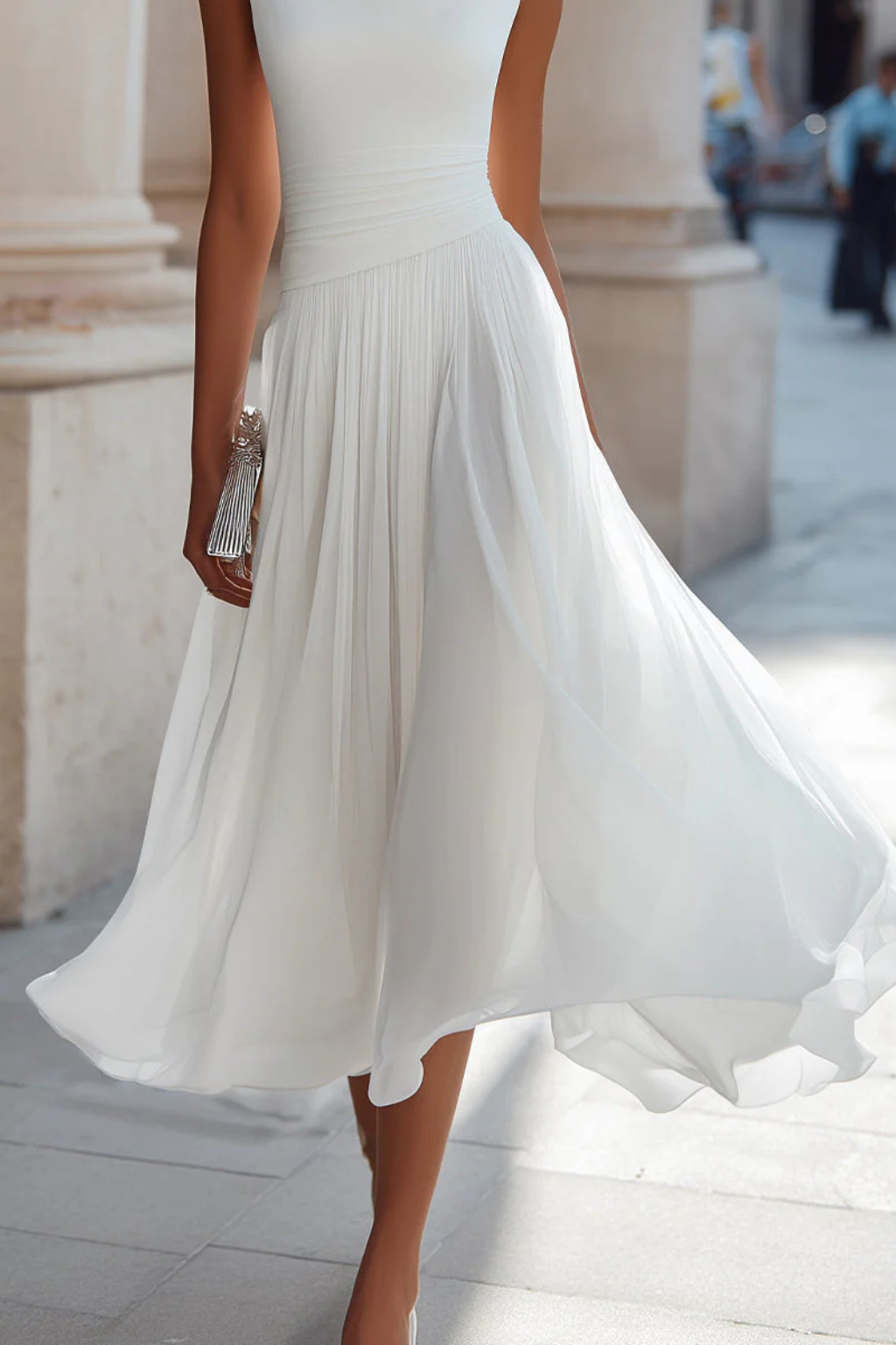 Fittedpleated — Draped Fabric Midi Dress With Fitted Pleated Wedding Guest Design