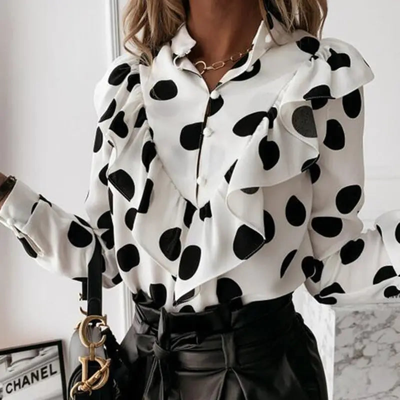 Persephone — Elegant Leopard Print Long Sleeve Blouse For Stylish All-Season Wear White Polka