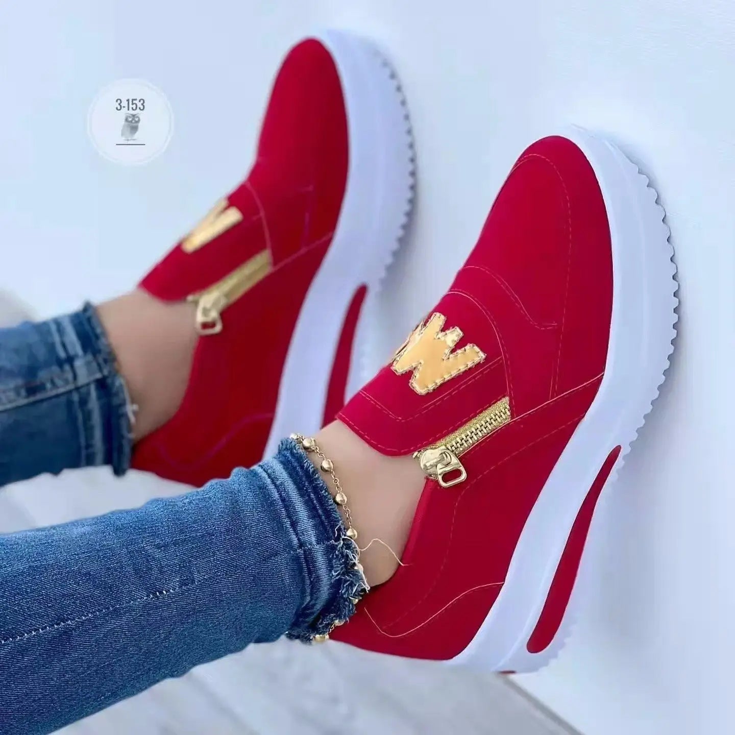 Zipperchic — Fabric Slip-On Sneakers With Chic Casual Zipper Detail Design Red