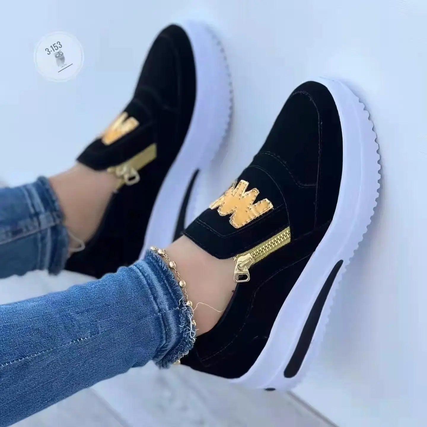 Zipperchic — Fabric Slip-On Sneakers With Chic Casual Zipper Detail Design Black