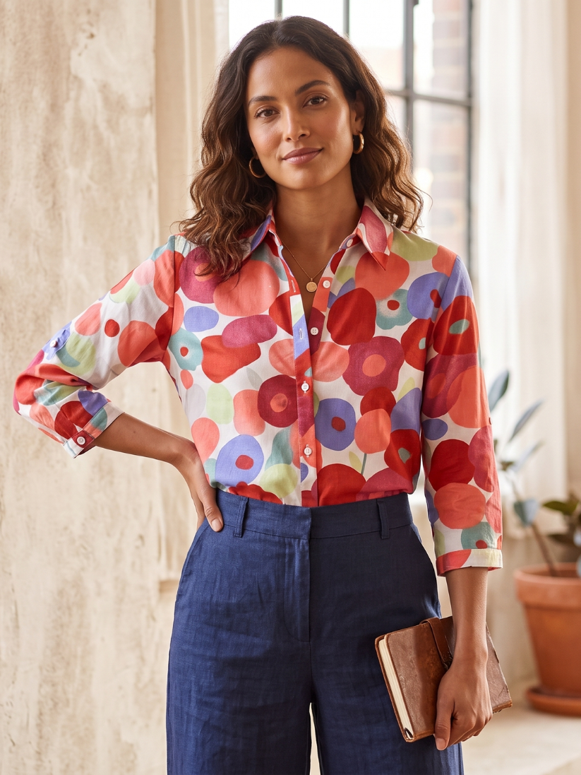 Natalia — Floral Print Long Sleeve Blouse With Elegant Button-Down Office Style