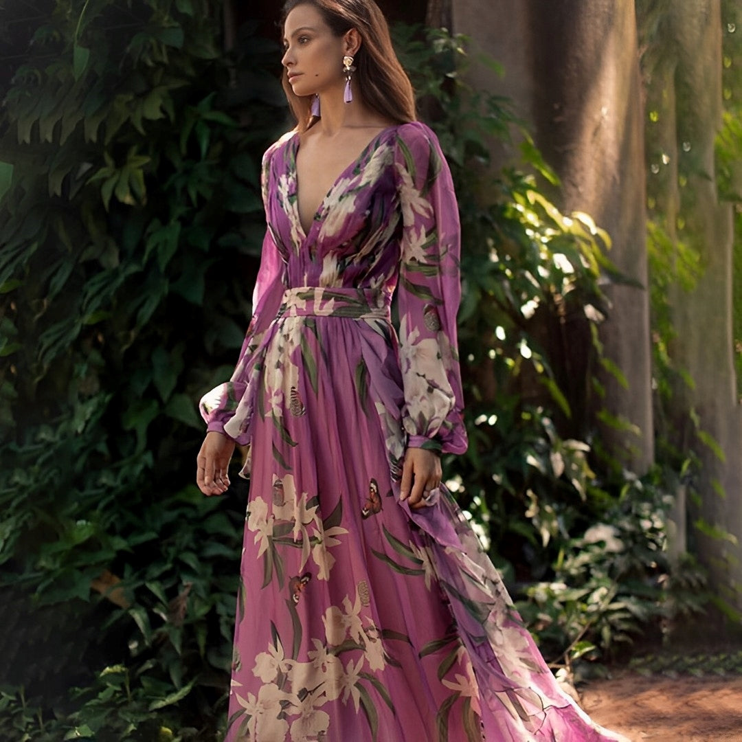Florence — Floral Chiffon Maxi Dress For Elegant Long-Sleeve Summer Styling Purple