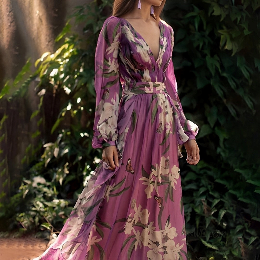 Florence — Floral Chiffon Maxi Dress For Elegant Long-Sleeve Summer Styling