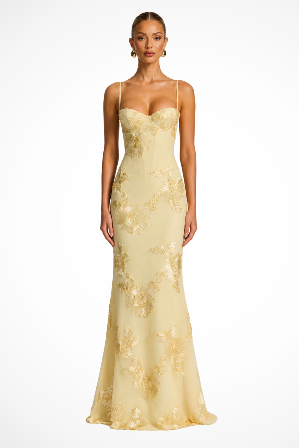 Embroideredcorset — Floral Embroidered Maxi Dress With Structured Corset Cami Gown Design Yellow