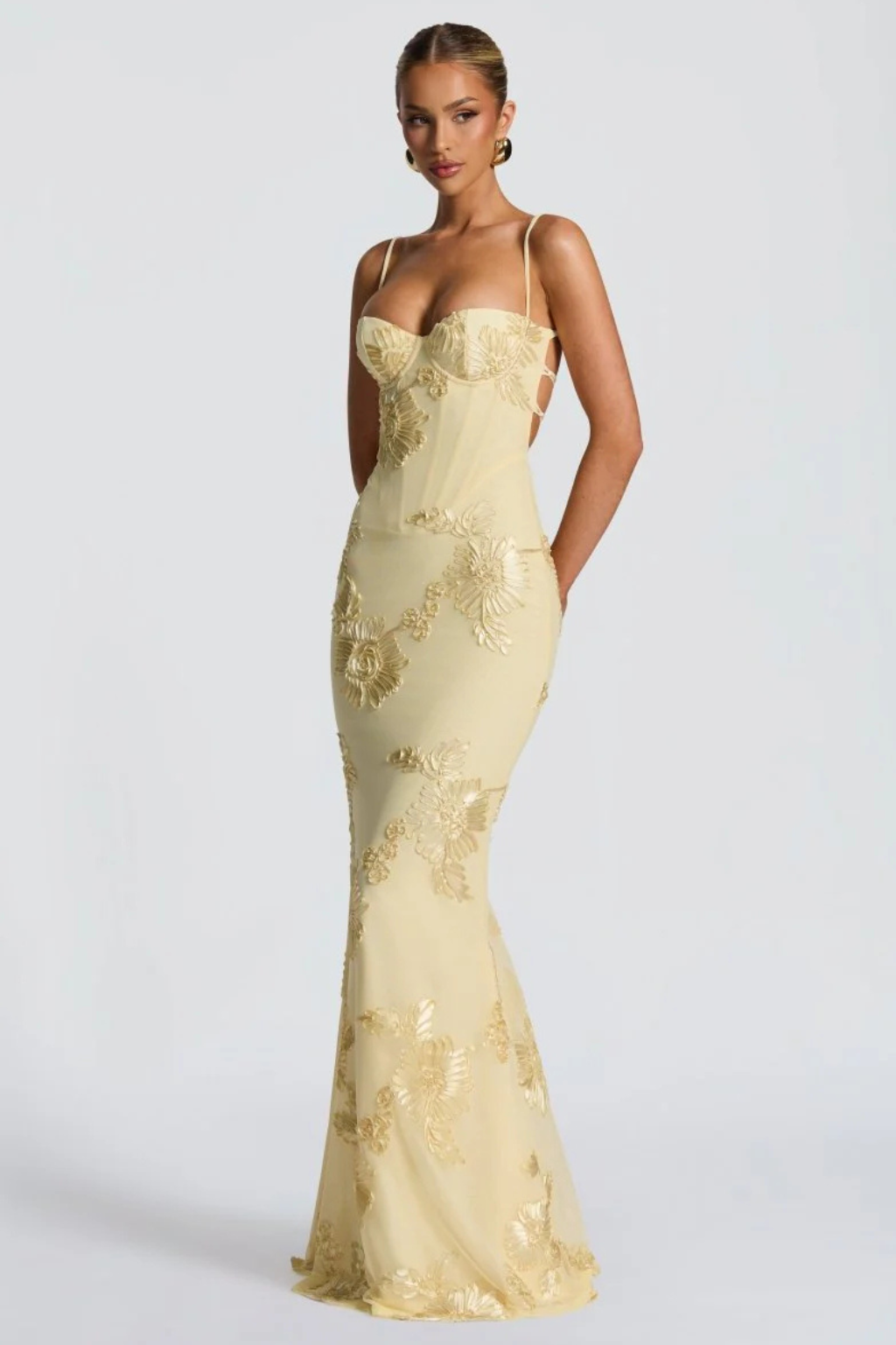 Embroideredcorset — Floral Embroidered Maxi Dress With Structured Corset Cami Gown Design